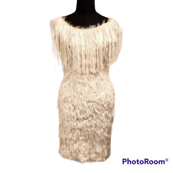 White Feather Like Dress with Tassles Fringe at Neckline - Picture 4 of 6